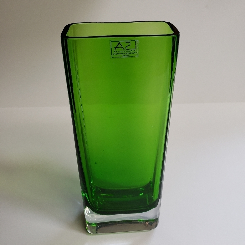 Vintage LSA International Handmade & Mouthblown Tall Green Rectangle Glass Vase - Picture 8 of 10